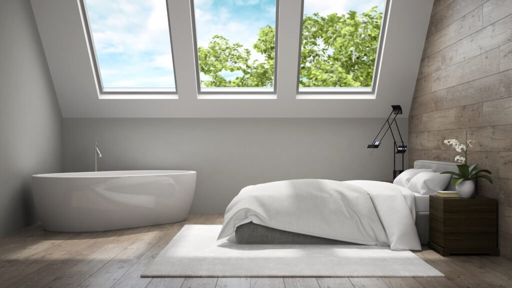 Intérieur d'une salle de bain moderne avec placards en bois, rendu 3D 4